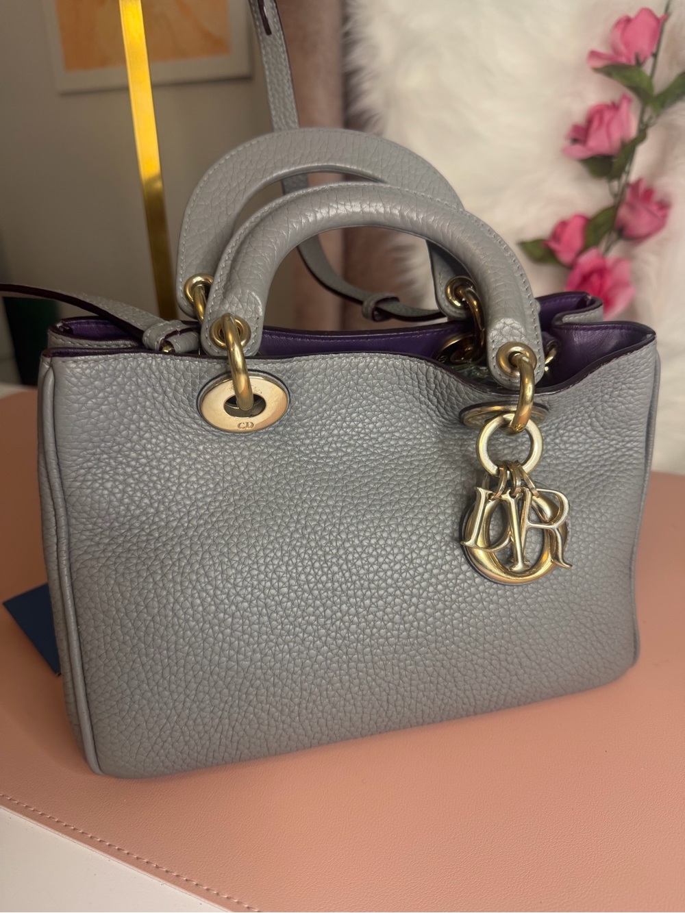 Christian Dior Diorissimo Small Grey Taurillon Leather Bag Purple Interior